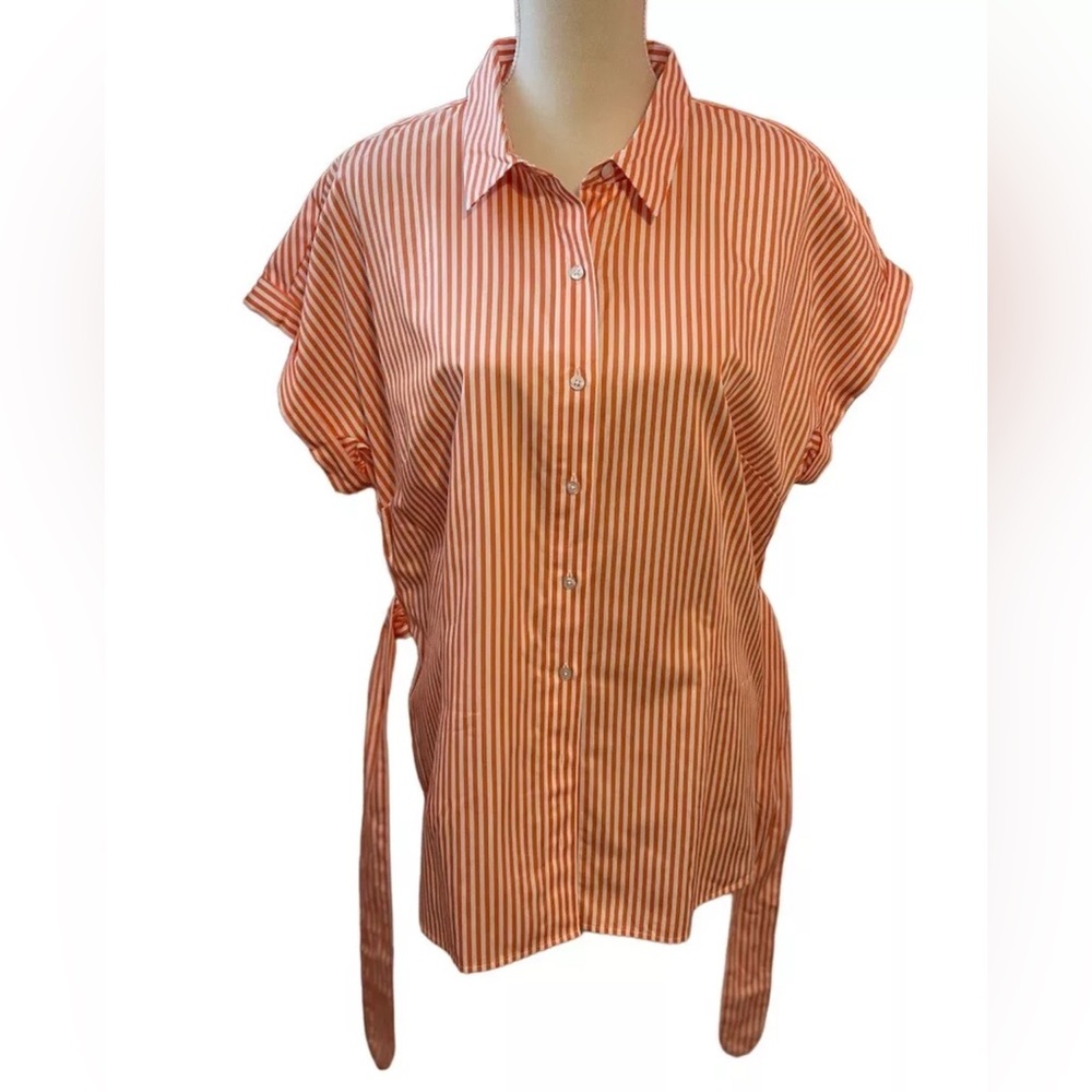 Talbots Orange and White Vertical Stripe Tie-Side Button-Down Shirt